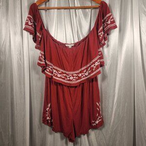 Burgundy American Eagle Floral Embroidered Off the Shoulder Romper M